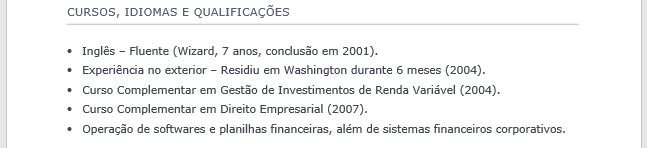 cursos e qualificações de um currículo de exemplo
