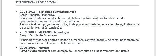 Experiência profissional de um currículo de exemplo